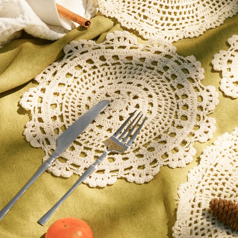 Phantomon 10 Inch Handmade Crochet Round Cotton Lace Table Placemats Doilies Pack of 4, Beige - Image 4